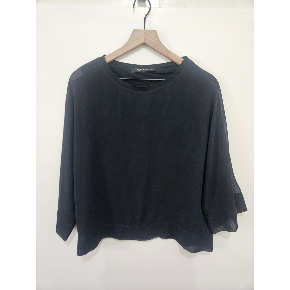 Zara Woman Black Sheer Layered 3/4 Sleeve Blouse‎ Top Crew Neck Size XS